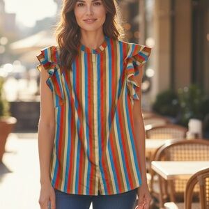 AKRIS Punto Colorful Striped Ruffle Sleeve Blouse size 6